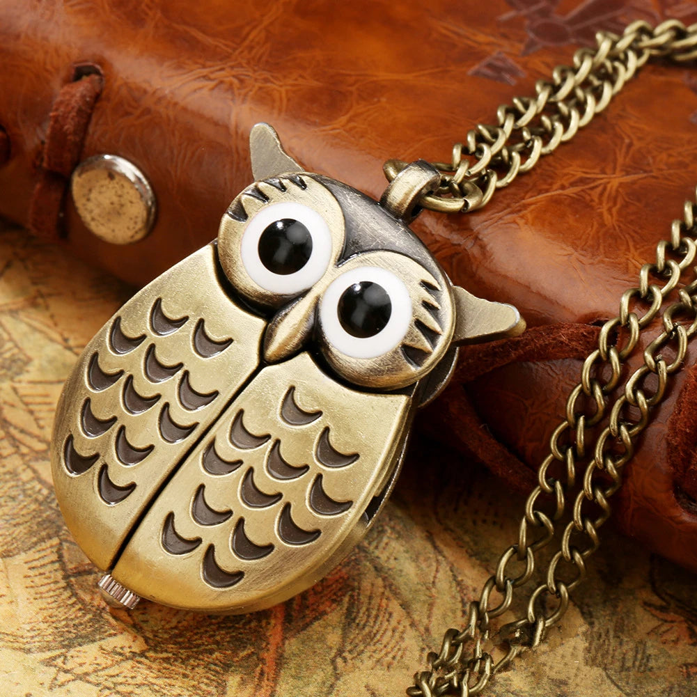 Bronze owl pocket watch with vintage style and necklace chain