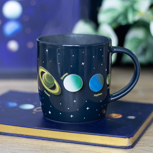 Ceramic mug with heat reveal solar system design