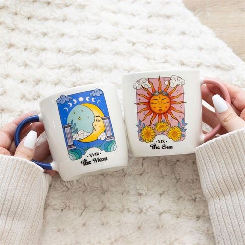 Set of two ceramic mugs with sun and moon tarot-inspired designs